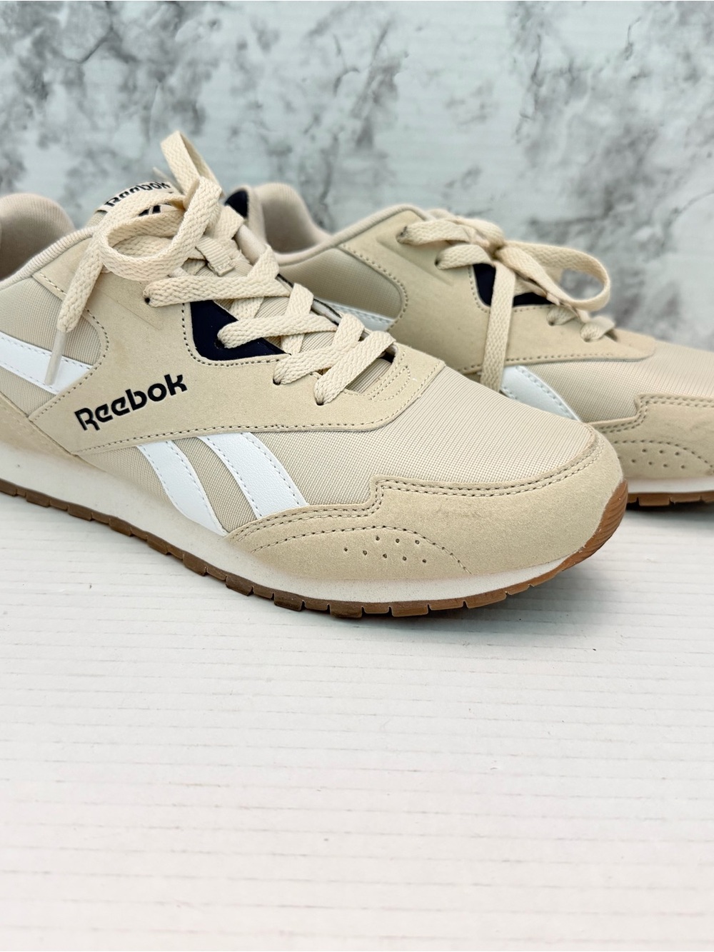 Reebok Mens Beige Sneakers with White Stripes